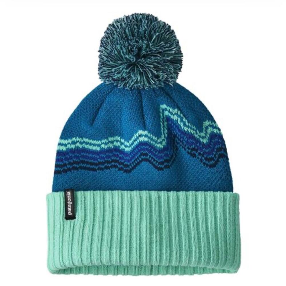 PATAGONIA | Powder Town Beanieβ Blue Mint Green Stripe Pom Pom Winter Ski Hat